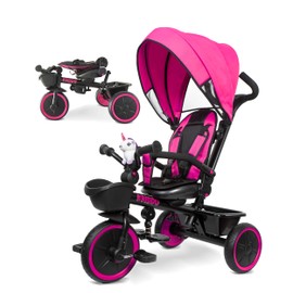 KRIDDO 7-in-1 Tricycle Stroller for Toddlers 18 Months to 5 Years, Adjustable Push Handle, Rotatable Seat, Cup Holder and Retractable Canopy, Folding Baby Trike w/Detachable Guardrail, Footrest, PK