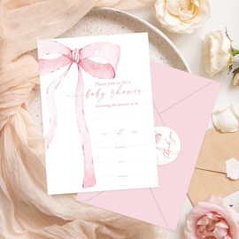 Whaline 25 Packs Pink Bow Baby Shower Invitations with Envelopes and Stickers Watercolor Ribbon Bowknot Invitation Cards Coquette Blank Party Invites For Birthday Baby Shower, 5 x 7 Inch