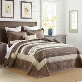 SahSahCasa 120"x102" 100% Cotton Oversized Queen Bedspread Coverlet Quilt Set, Queen Quilted Bedspread Extra Large Quilt, XL Bed Spread Lightweight Comforter, 3pc, Beige/Dark Brown