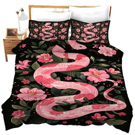 Lovira Cute Pink Snake 3D Floral Print 3 Pieces Bedding Comforter Set with 2 Pillowcase Twin Size Duvet Cover Bed Sheet Quilt Stuff Bedroom Decor for Lover Adults Kids Boys Girls