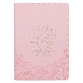 Christian Art Gifts Inspirational Zippered Journal, He Will Cover You Wide Ruled Notebook, Psalm 91:4 Bible Verse, Pink Vegan Leather Floral, 336 Lined Pages w/scripture, (9” x 6.4” x .9”)