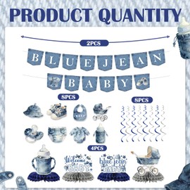 14 Pcs Blue Jean Baby Shower Decorations Set - A Little Denim Baby is on the Way Banner, Hanging Swirls, Honeycomb Centerpieces, Western Cowboy Gender Reveal Party Supplies, Neutral Boy Girl Decor