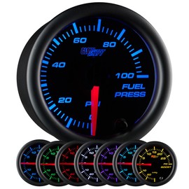 GlowShift Black 7 Color 100 PSI Fuel Pressure Gauge Kit - Includes Electronic Sensor - Black Dial - Clear Lens - for Car & Truck - 2-1/16" 52mm