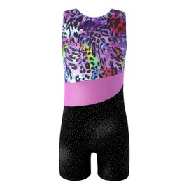 Kidsparadisy Girls Leotards for Gymnastics Outfits Sparkle Kids Sleeveless One-Piece Colorful Dancewear Bodysuit,PurpleLeopard 100(2-3Y)