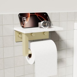 Brushed Gold Toilet Paper Holder with Marble Shelf, 304 Stainless Steel Tissue Hand Holder Wall Mounted Toilet Paper Roll Hold with Phone Shelf for Bathroom Kitchen Washroom Bedroom