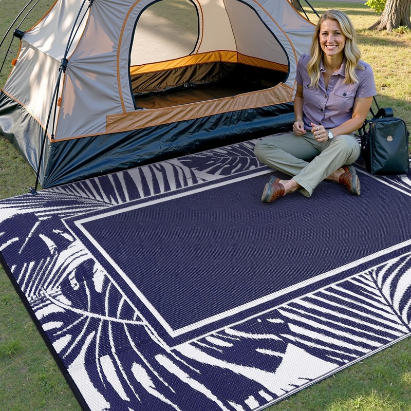 PureCozy Outdoor Plastic Straw Rug Navy Blue Waterproof Outdoor Patio