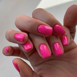 KQueenest Hot Pink Press On Nails Short Square - Acrylic Press On Nails Summer, Bright Neon Pink Short Fake Nails with Glue, Glossy Vibrant Color, Reusable Soft Gel Glue on Nails for Women, 24 Pcs