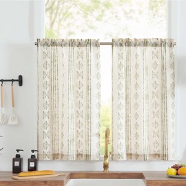 TOPICK Boho Kitchen Curtains Linen Tier Curtains 36 Inch Length Bohemian Cafe Curtains Striped Curtains Farmhouse for Bedroom RV 2 Panels Green on Beige