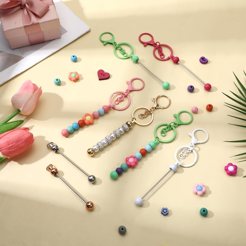 Exclaith 42 Pcs Beadable Keychains Bulk Kit Blank Beaded Metal