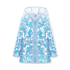 WELAKEN Girls Sequin Raincoat Waterproof Reusable Hooded Outwear Rain Jacket with Lining,blue,8Y