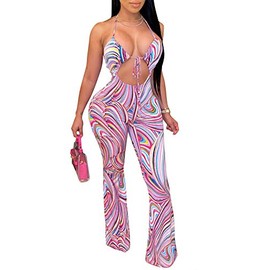 Remelon Womens Spaghetti Strap Halter Wave Striped Print Cut Out Bodycon Bell Flare Pants Club Party One Piece Jumpsuits Rompers Multi XL