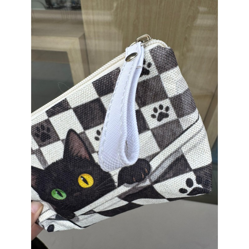 Livel lhood 異瞳黒猫プリント 化粧ポーチ コンパクト収納 リストストラップ付 猫好きへのギフト 小物整理袋 チェッカー柄猫イラスト メイクポーチ