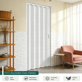 104RDHOUSE 42×80in PVC Internal Accordion Folding Door, Multifold Sliding Door for Closet, White in Color, with Installation Hardware; Handle; Latch.