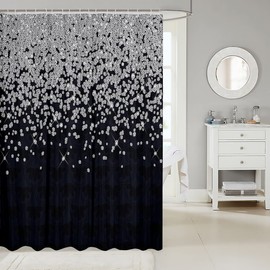 Loussiesd Silver Glitter Shower Curtain (No Glitter) Bling Partyations Black Bathroom Fabric Shower Curtain Set for Kids Teens Diamond Floral Bath Curtain Waterproof Curtains 72x72 Inch
