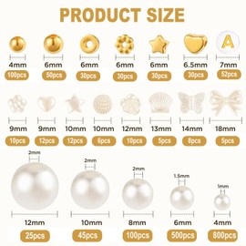QOOWFEANIG 1860pcs Beads Bracelet Making Kit with 5 Sizes Round White Pearl, Multi-Shape Pearls & Gold Spacer Beads for DIY Jewelry Making, Art Crafts Gifts for Women Girls