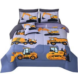 JQinHome Construction Twin Bedding Sets for Boys Kids,6 Piece Bed in A Bag 3D Cartoon Car Excavator Tractor Comforter Set with Sheet Set,Trucks Cars
