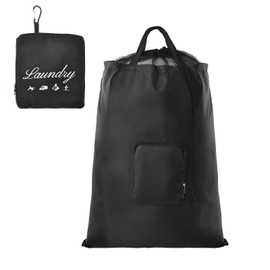 Travel Laundry Bag, JHX Foldable Dirty Clothes Bags 【Upgraded】 with Fixed Drawstring Net, Handles and Carabiner, Portable Laundry Bags for Travel, Fitness, and Students (Deep-black) 30"H x 21"W