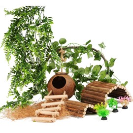 10PCS Crested Gecko Tank Accessories, Reptile Plants Bridge Vines, Coconut Shell with Ladder for Lizard, Chameleon Cage, Snakes, Hermit Crab, Leopard Gecko Tank Accessories, Terrarium Decor