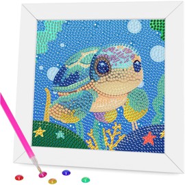 Miquans Art Children's DIY Diamond Painting, Turtle Diamond Painting Children, Diamond Painting Pictures Children from 8 10 Girls, Diamond Painting Kids with Frame 18 x 18 cm