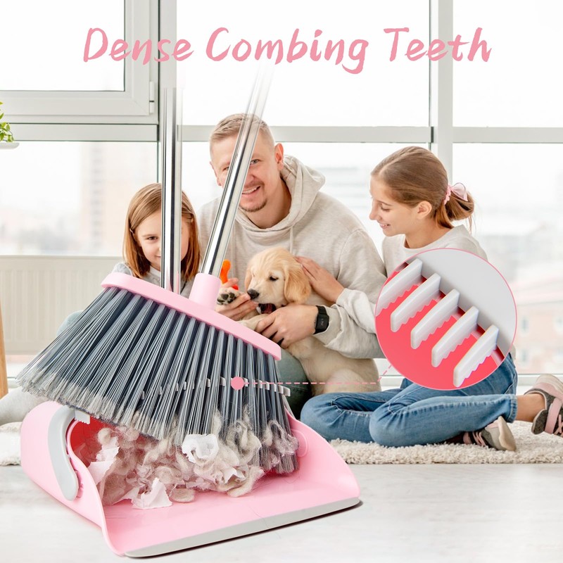 OOOFLOWER Broom and Dustpan Combo Set, Long Handle and Standing