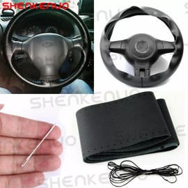 SHENKENUO BLACK Genuine Leather Steering Wheel Cover Wrap Sew-on 14.5"-15" Kit For All Car