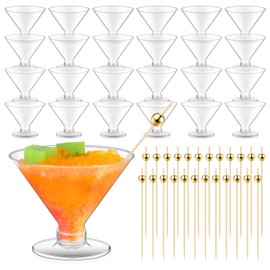 Baderke 24 Pack Plastic Martini Glasses with Gold Pearl Cocktail Picks Disposable Clear Mini Cocktail Cups Dessert Glasses for Wedding Party Wine Appetizers (Stemless 5 oz,Clear Base)