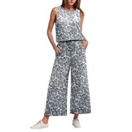 IWOLLENCE Women's Summer 2 Piece Outfits Set Round neck Sleeveless Tank Crop Top Wide Leg pants Set Pockets Jumpsuits Gray Fan Flower Large