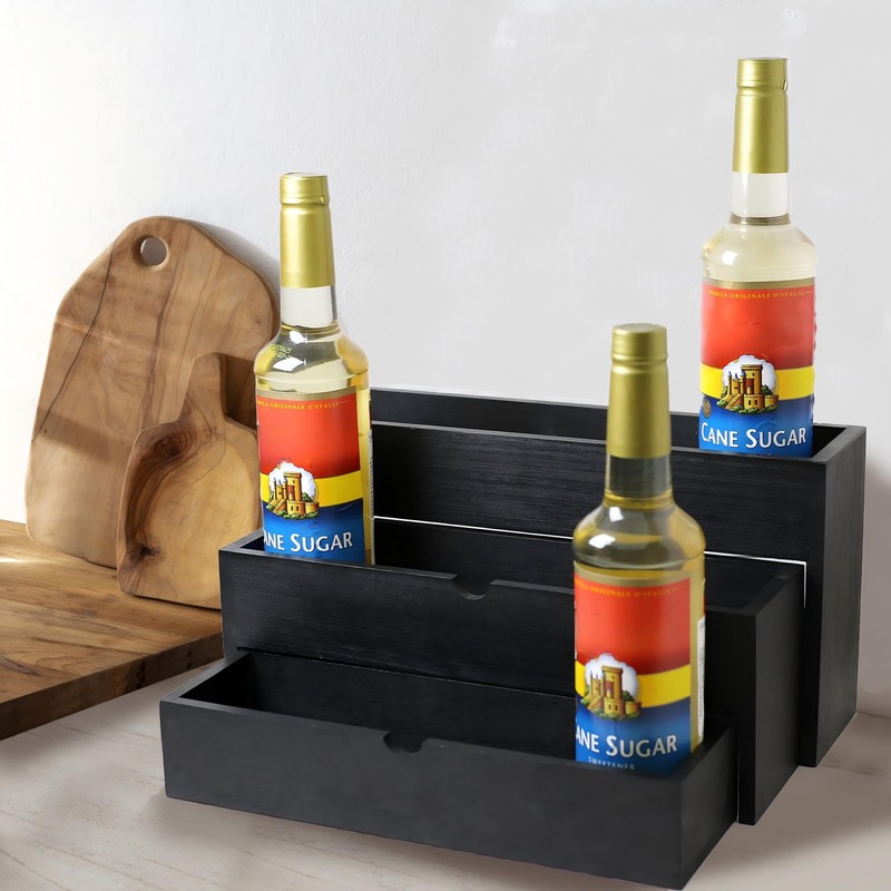 GOVOKOI Black Wood Coffee Syrup Rack Organizer, 3-Tier Separated Bottle