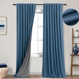 KOUFALL Denim Blue Back Tab Linen Blackout Curtains for Living Room 52 by 96 Inch Length