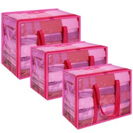 Vieshful Pink 40L+60L+90L Clear Clothes Storage Bag with Zipper 3 Pack Colorful Clothes Organizer Vinyl Storage Bag for Comforter, Blanket, Bedding, Duvet, Transparent Moving Totes