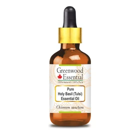 Greenwood Essential Pure Holy Basil (Tulsi) Essential Oil (Ocimum sanctum) with Glass Dropper 100% Natural Therapeutic Grade Steam Distilled for Personal Care 30ml (1oz)