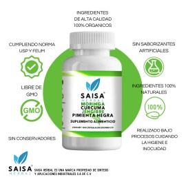 Moringa + Cúrcuma + Jengibre + Pimienta Negra | 100 Cáps | SAISA HERBAL | Inmunidad y Desinflamación Natural | Potenciado