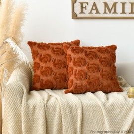 AVOIN colorlife Thanksgiving Gobble Turkey Caramel Throw Pillow Covers, 20 x 20 Inch Seasonal Autumn Fall Harvest Soft Plush Faux Fur Jacquard Cushion Case Decoration for Sofa Couch Set of 2