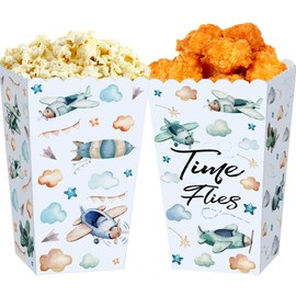 BACH AND BOUJEE Airplane Birthday Decorations Plane Popcorn Boxes Candy Bags Robot Goodie Gift Treat Bags for Time Flies 1st Birthday Baby Shower Decorations