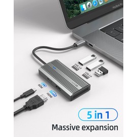 5 in 1 USB C Hub HDMI 4K USB C Adapter, Aluminium Housing USB-C Dongle, 4K HDMI Output, USB 3.0 Port, PD 60W Charger, Compatible with MacBook, Steam Deck and Most Type-C Devices