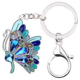 BONSNY Llaveros de metal esmaltado con diamantes de imitación florales y bonitos llaveros de mariposa para coche, Azul, Mediano