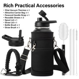 DYSANKY 32 oz Insulated Water Bottle | Thickened Stainless Steel Vacuum Metal | Portable Sports Water Jug for Gym and Hiking with Straw, Carrier Bag, Handle Strap | BPA-Free 32 oz, Black