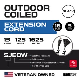 Iron Forge Cable 3 Outlet Black Outdoor Coiled Extension Cord 25 ft, 16/3 SJEOW Oil Resistant & Flame Retardant Power Cord 13 Amp with Multiple Outlets, 5 ft Coiled Length, 22 ft Fully Extended