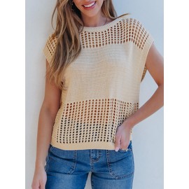 EVALESS Womens Spring Summer Beach Vacation Trendy Casual Crochet Tops Clothes Outfits 2025 Fashion Crewneck Cap Sleeve Sweater Vest Shirts Cover Ups,Apricot Medium
