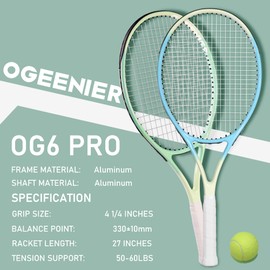 OGEENIER 27" Tennis Racket Set for Adults, Pre-Strung Tennis Racquets for Beginners, 2-Player Recreational Tennis Set with 3 Balls, 2 Vibration Dampers, 2 Grips, 1 Carrying Bag