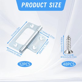 12 PCS Door Hinges, Galvanizing Rust Prevention Hinges for Wood with 48 Screws, Ball Bearing Butt Hinge, Flush Hinge for Gate, Windows, Closet, Drawer (51mm × 25mm, Silvery)