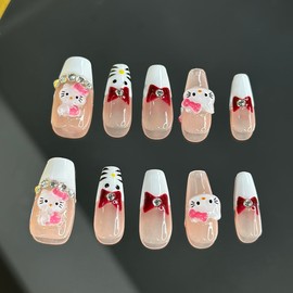 Ricefod Press on Nails Handmade Reusable Fake Nails with Cartoon Cat Design Press on False Nails French Tip Coffin Nails 10 Pcs Luxury Nails, Size:Small