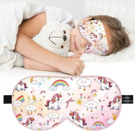 Kids Silk Sleep Mask: 100% Mulberry Silk Eye Mask with Adjustable Strap, Cute Sleeping Blindfold for Boys Girls Teens, Soft & Lightweight Eye Shade for Travel, Nap, Bedtime (Pink Horse Style)