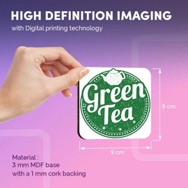 Destination Vinyl ltd Great Coasters (Set of 4) Square - Green Tea Healthy Organic Tea Cup Drink Glossy Coasters/Tabletop Protection for Any Table Type #5171