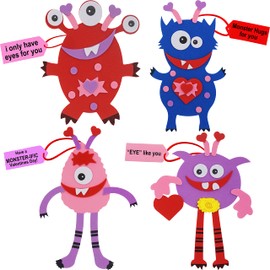 4E's Novelty Valentines Monster Craft Ornament (12 Pack) Foam Valentines Day Crafts for Kids Classroom DIY Activity Bulk - Individually Wrapped