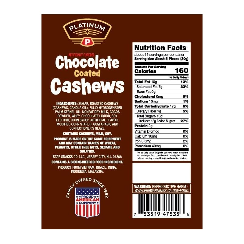 Platinum - Chocolate Coated Cashews 12 oz Resealable Pouch |