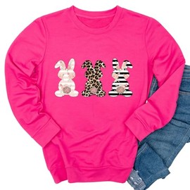 Ykomow Happy Easter Sweatshirt Women Long Sleeve Cute Bunny Rabbit Graphic Tees Pullover (XL, Hot Pink)