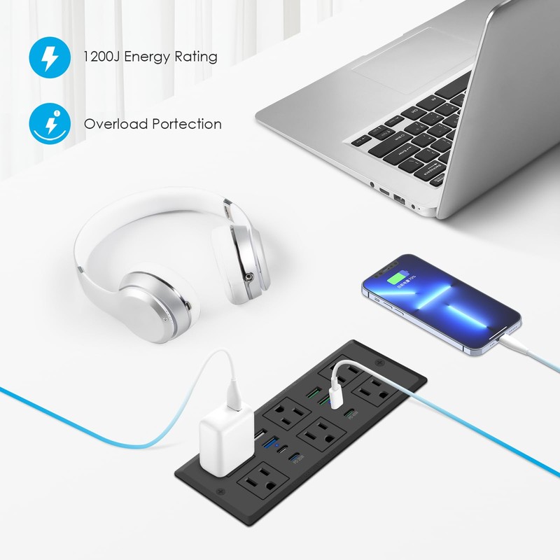 Recessed Power Strip with 45W USB C, Furniture Desk Flush