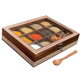 ABHANDICRAFTS Sheesham Wood Spice Box for Kitchen Table Top Masala Box with 12 Compartment and Spoon Multipurpose storage Box for Spices, Herbs