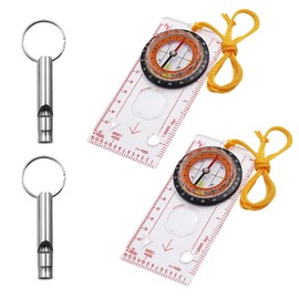 2 PCS Compass Navigation Set Clear Waterproof Orienteering Compass with Adjustable Yellow Lanyard 2 PCS Emergency Whistle Loud Orienteering Compass Thumb for Expedition Map Reading Navigation